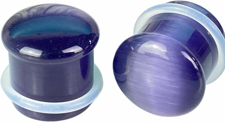 Generic Pair Of Violet Cat Eye Stone Single Flare Plugs (Stn-722) Body Piercing Plugs