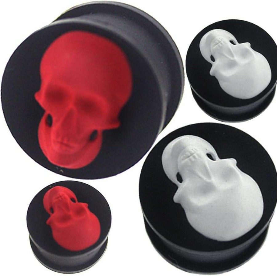 MoDTanOiz - Flesh tunnels (1 Pair) 6G (4Mm) To 1 Inch (26Mm) 3D Skull Silicone Double Flare Flared Ear Plug Body Piercing Plugs