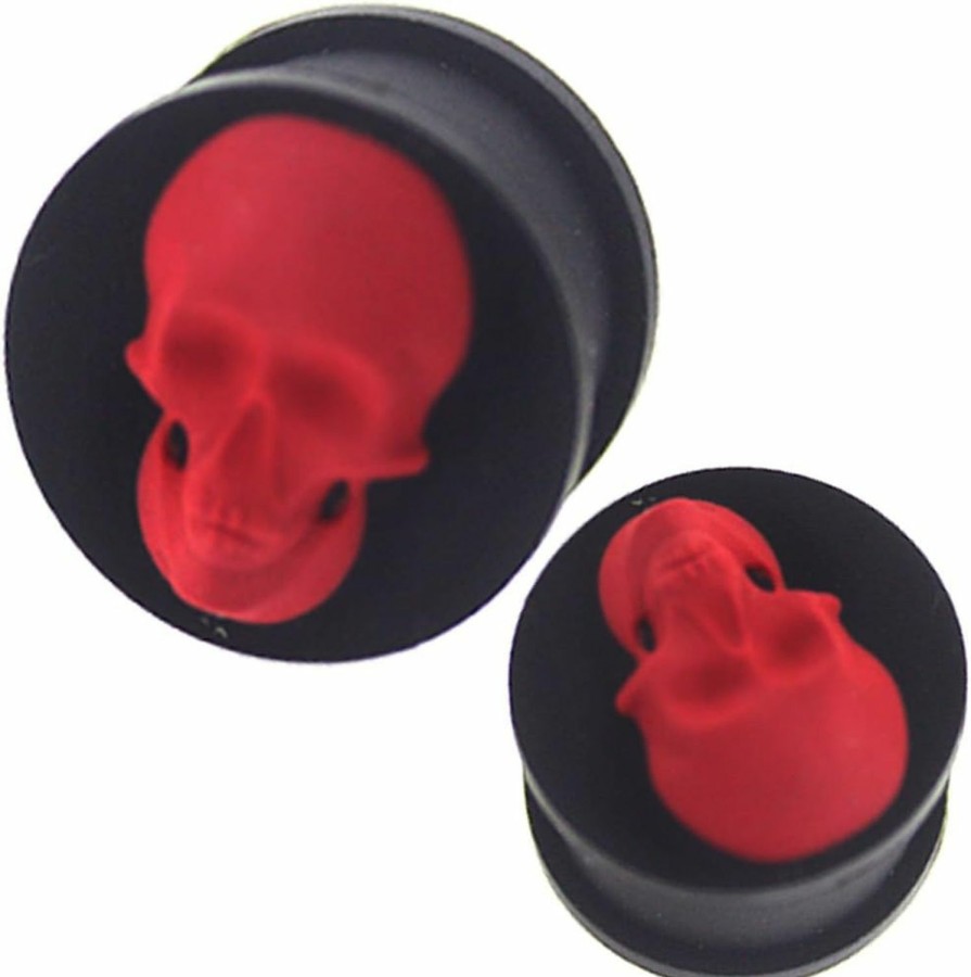 MoDTanOiz - Flesh tunnels (1 Pair) 6G (4Mm) To 1 Inch (26Mm) 3D Skull Silicone Double Flare Flared Ear Plug Body Piercing Plugs