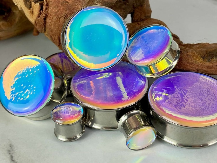 Mystic Metals Body Jewelry Mystic Metals Body Jewelry Pair Of Baby Blue/Pink Opal Color Shift Double Flare Resin Plugs (Mto-052) Body Piercing Plugs