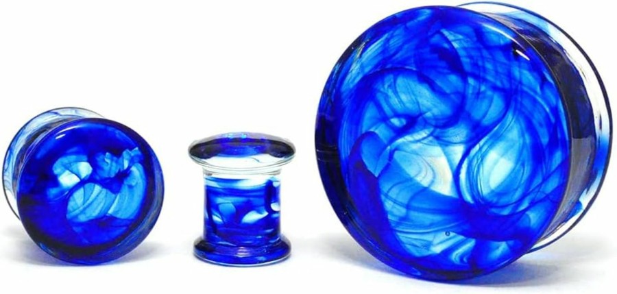 Mystic Metals Body Jewelry Pair Of Blue Smokey Swirl Glass Double Flare Plugs (Pg-585) Body Piercing Plugs