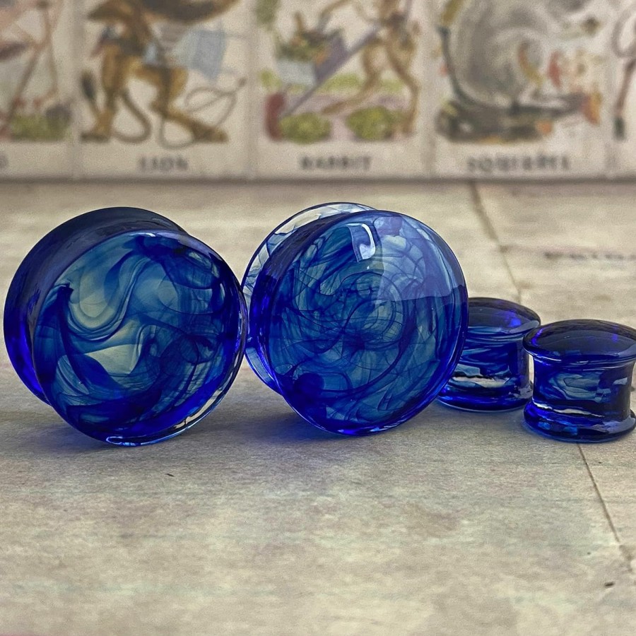 Mystic Metals Body Jewelry Pair Of Blue Smokey Swirl Glass Double Flare Plugs (Pg-585) Body Piercing Plugs