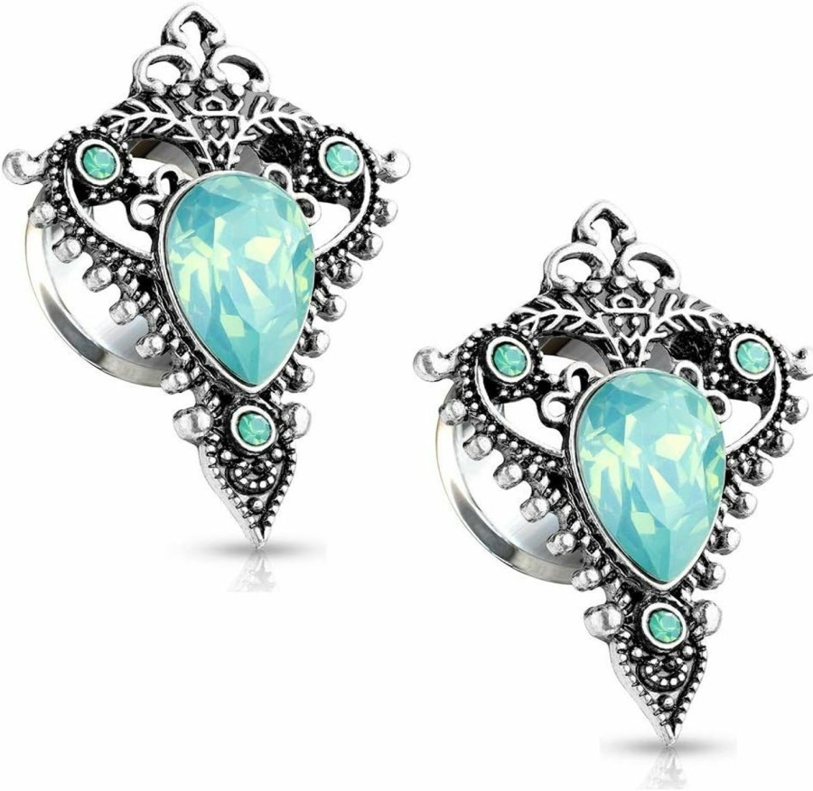 Pierced Owl Pierced Owl - Stainless Steel Jade Green Opalite Tear Drop Ornate Tribal Shield Double Flared Plug Gauges, Sold As Pair Body Piercing Plugs