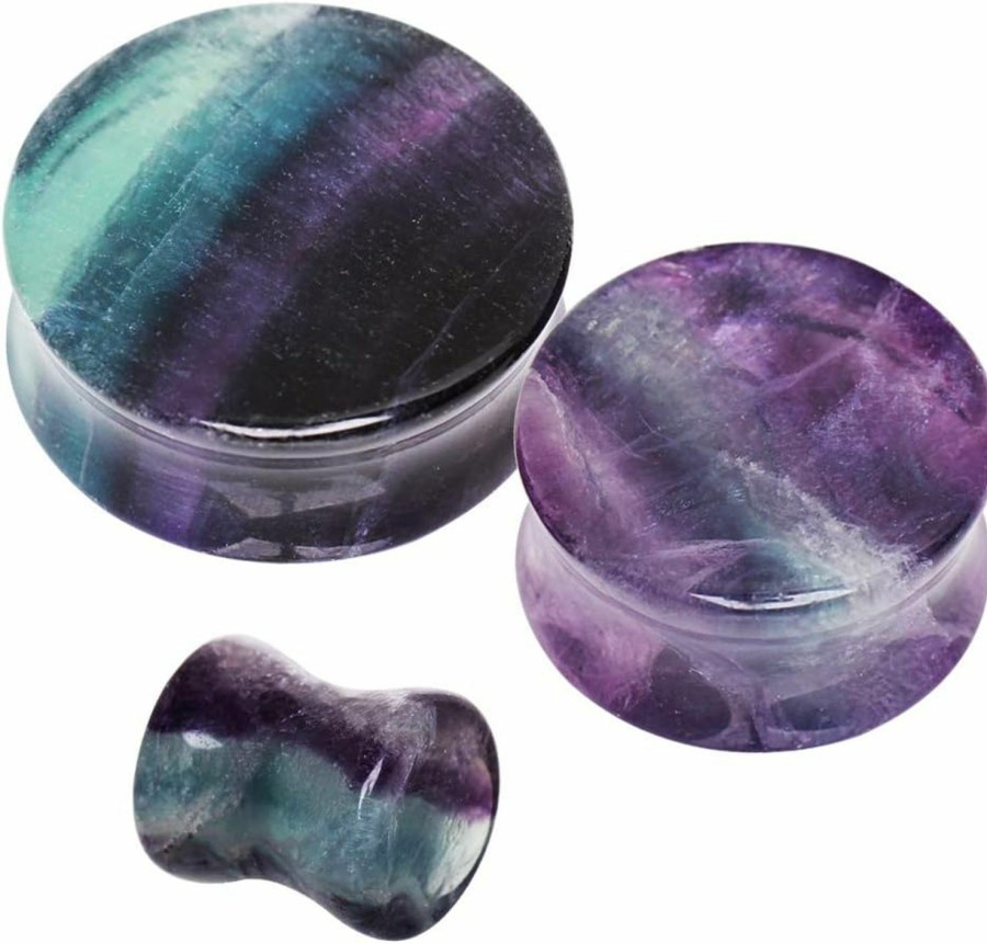 blue palm jewelry Blue Palm Jewelry Pair Of Rainbow Fluorite Double Flare Ear Plugs Expander Gauges 2Ga - 1 Inch E609 Body Piercing Plugs