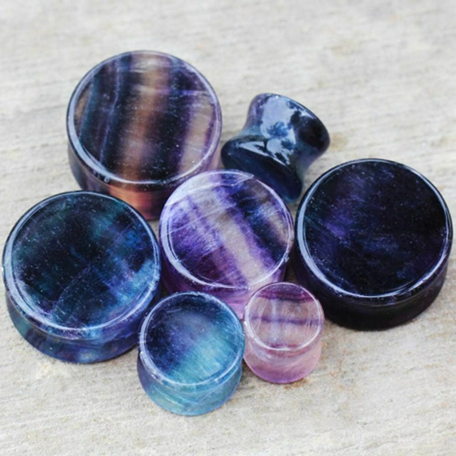 blue palm jewelry Blue Palm Jewelry Pair Of Rainbow Fluorite Double Flare Ear Plugs Expander Gauges 2Ga - 1 Inch E609 Body Piercing Plugs