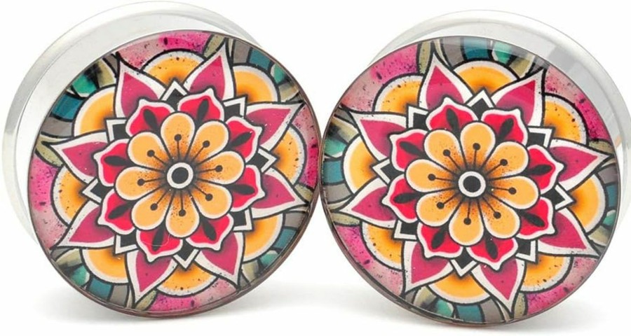 Mystic Metals Body Jewelry Mystic Metals Body Jewelry Large Gauge Flower Mandala Style 2 Picture Plugs - Sold As A Pair Body Piercing Plugs