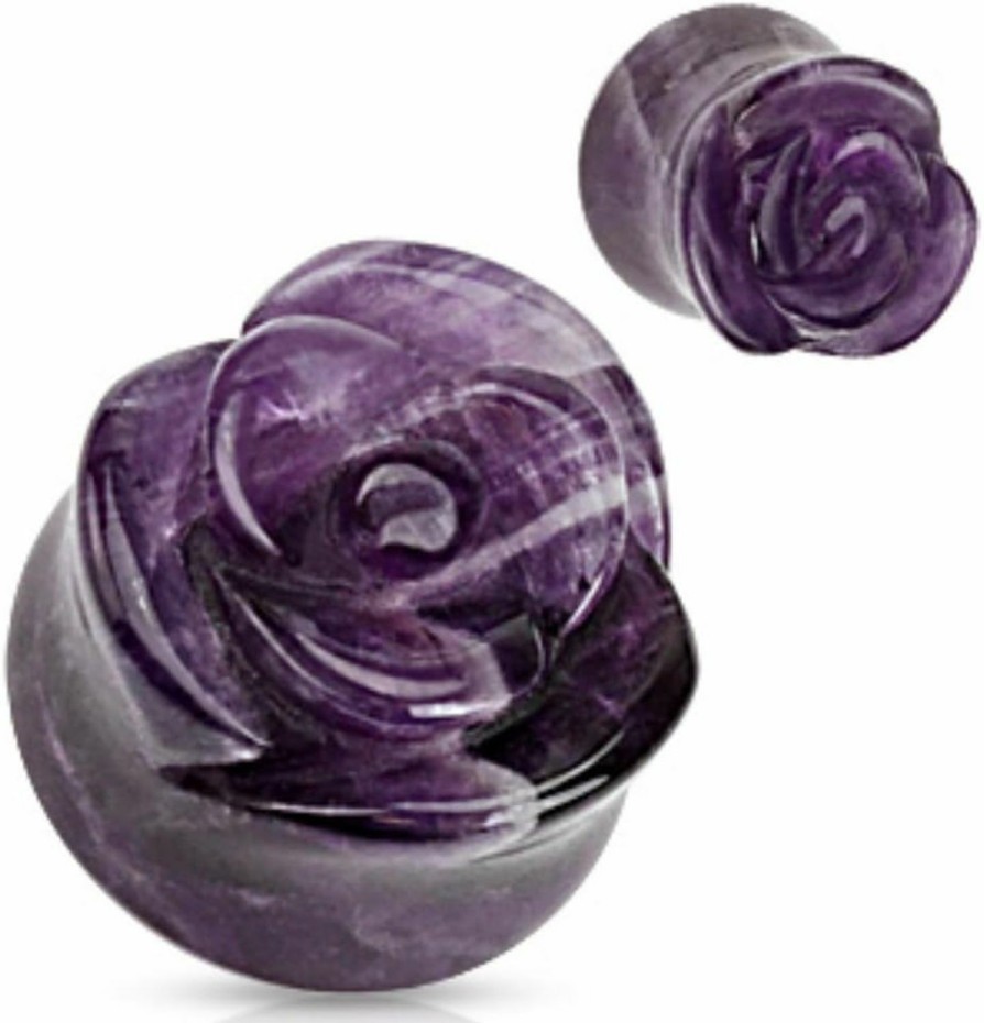 Freedom Fashion Freedom Fashion Amethyst Semi Precious Stone Rose Carved Single Side Double Flared Plug (Sold By Pair) Body Piercing Plugs