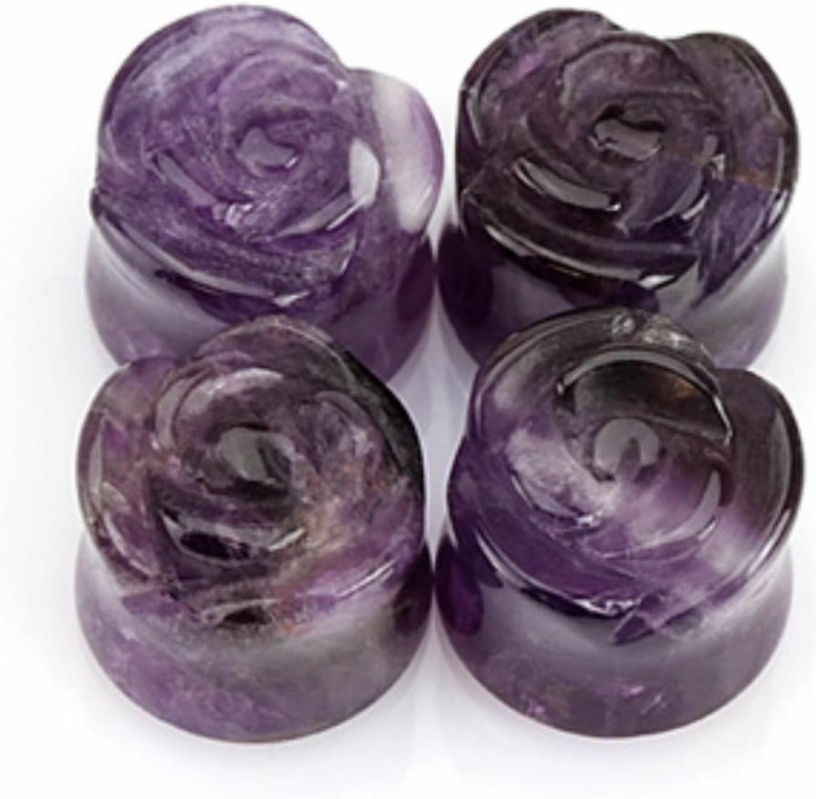 Freedom Fashion Freedom Fashion Amethyst Semi Precious Stone Rose Carved Single Side Double Flared Plug (Sold By Pair) Body Piercing Plugs