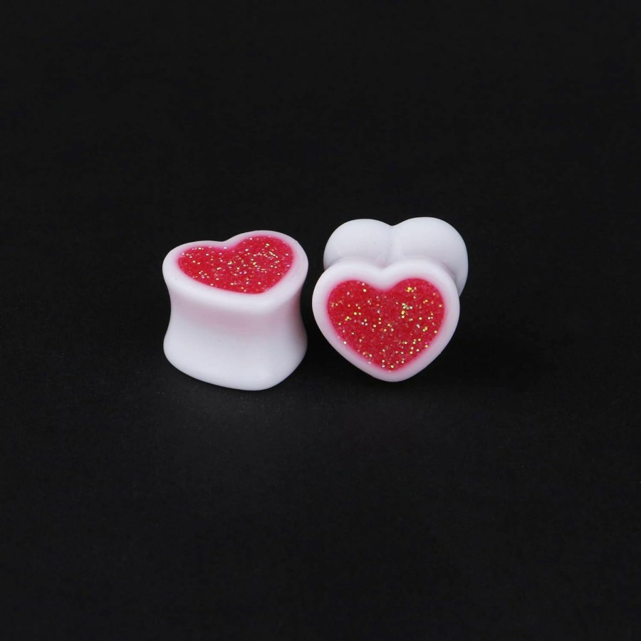 Awinrel Awinrel Pair Of Ear Gauges Pink Glitters Heart Shape Womens Saddle Plugs White Acrylic Tunnel Stretching Expander Piercing Jewelry Body Piercing Plugs