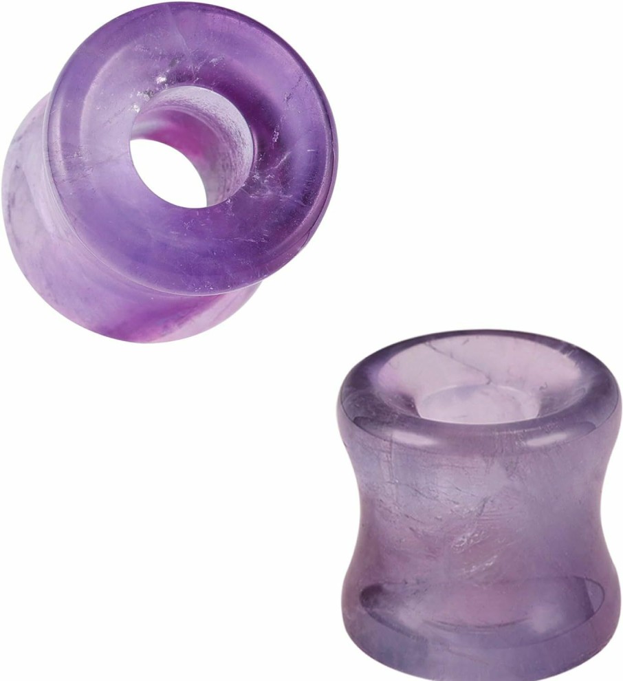 AccGin Accgin Natural Amethyst/Rose/Moonstone Quartz Stone Double Flared Tunnel Plug Gauges Earrings, Sold As Pair 5Mm-12Mm Body Piercing Plugs