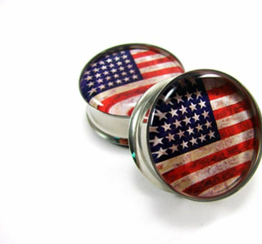 Mystic Metals Body Jewelry Mystic Metals Body Jewelry Double Flare American Flag Picture Plugs - Sold As A Pair Body Piercing Plugs