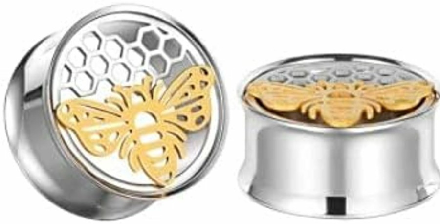 Pierced Republic Pierced Republic Honey Bee & Comb Ear Gauges - Pair Of Stainless Steel Flared Ear Plugs - 8 Size Options Body Piercing Plugs