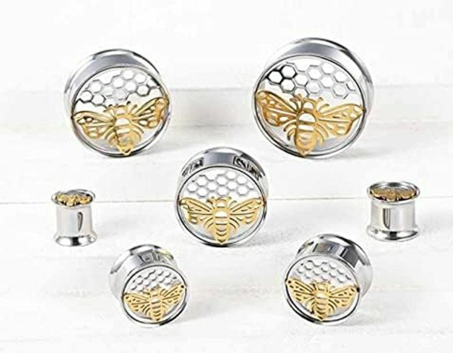 Pierced Republic Pierced Republic Honey Bee & Comb Ear Gauges - Pair Of Stainless Steel Flared Ear Plugs - 8 Size Options Body Piercing Plugs