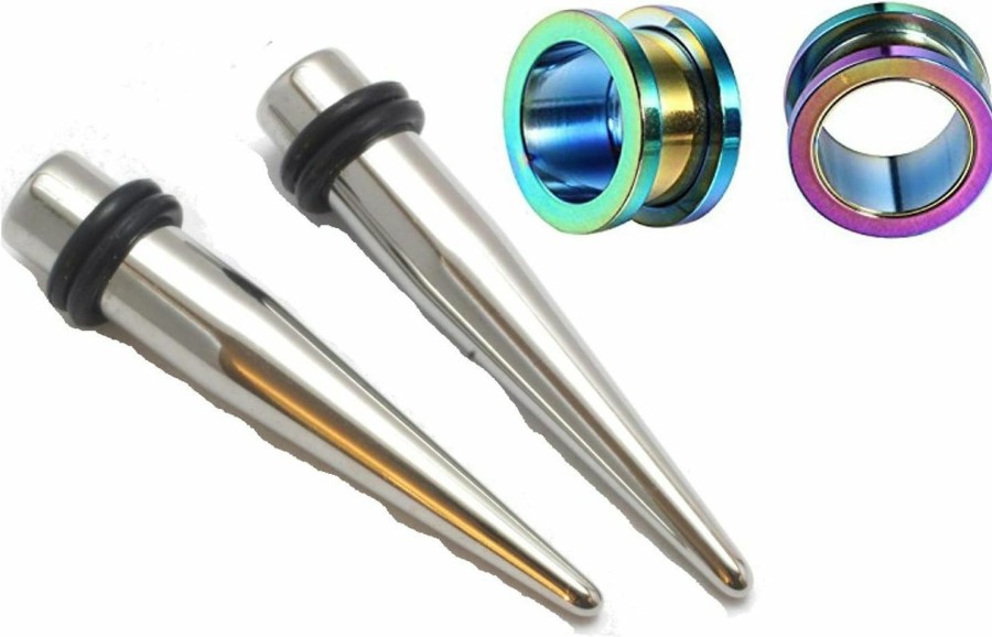 Zaya Body Jewelry Zaya Body Jewelry Pair Of 316L Stainless Steel Tapers And Rainbow Screw Tunnels Ear Stretching Kit Gauges Plugs 00G 0G 2G 4G 6G 8G 10G 12G Body Piercing Plugs