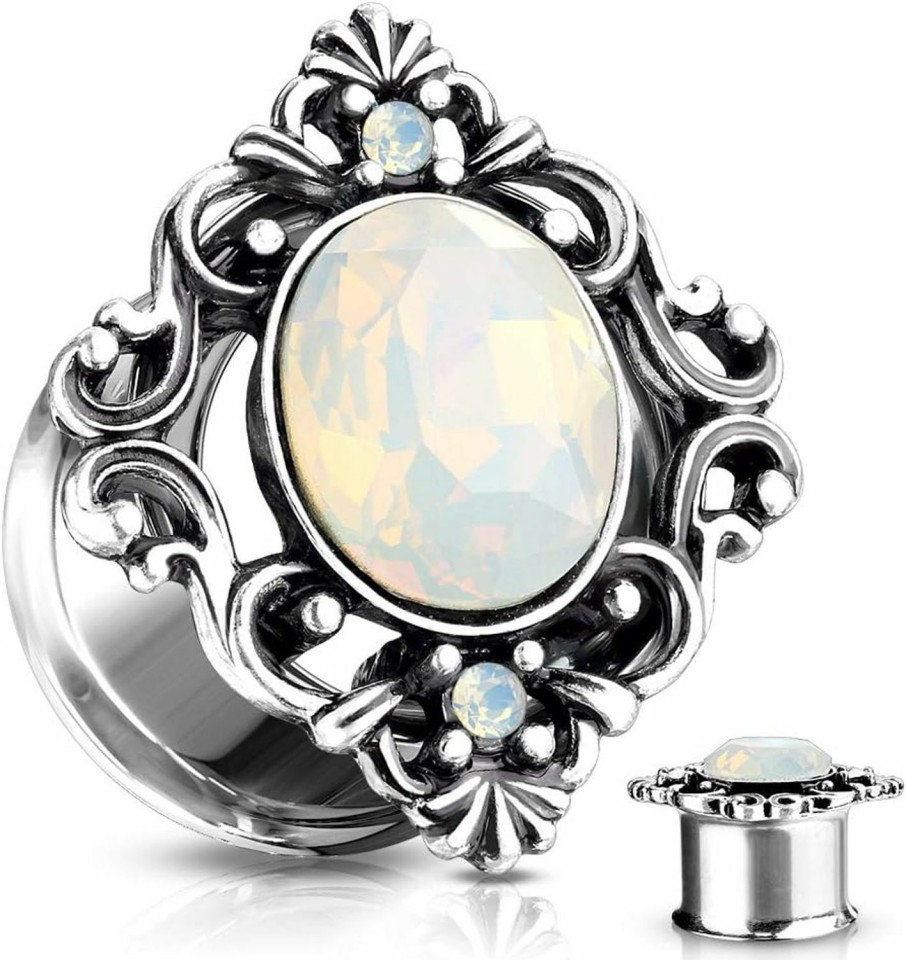 Dynamique Galerie Dynamique Pair Of White Oval Opalite Stone Set Filigree Square Front 316L Surgical Steel Double Flared Tunnels Body Piercing Plugs