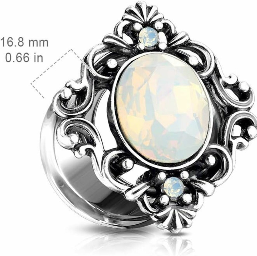 Dynamique Galerie Dynamique Pair Of White Oval Opalite Stone Set Filigree Square Front 316L Surgical Steel Double Flared Tunnels Body Piercing Plugs