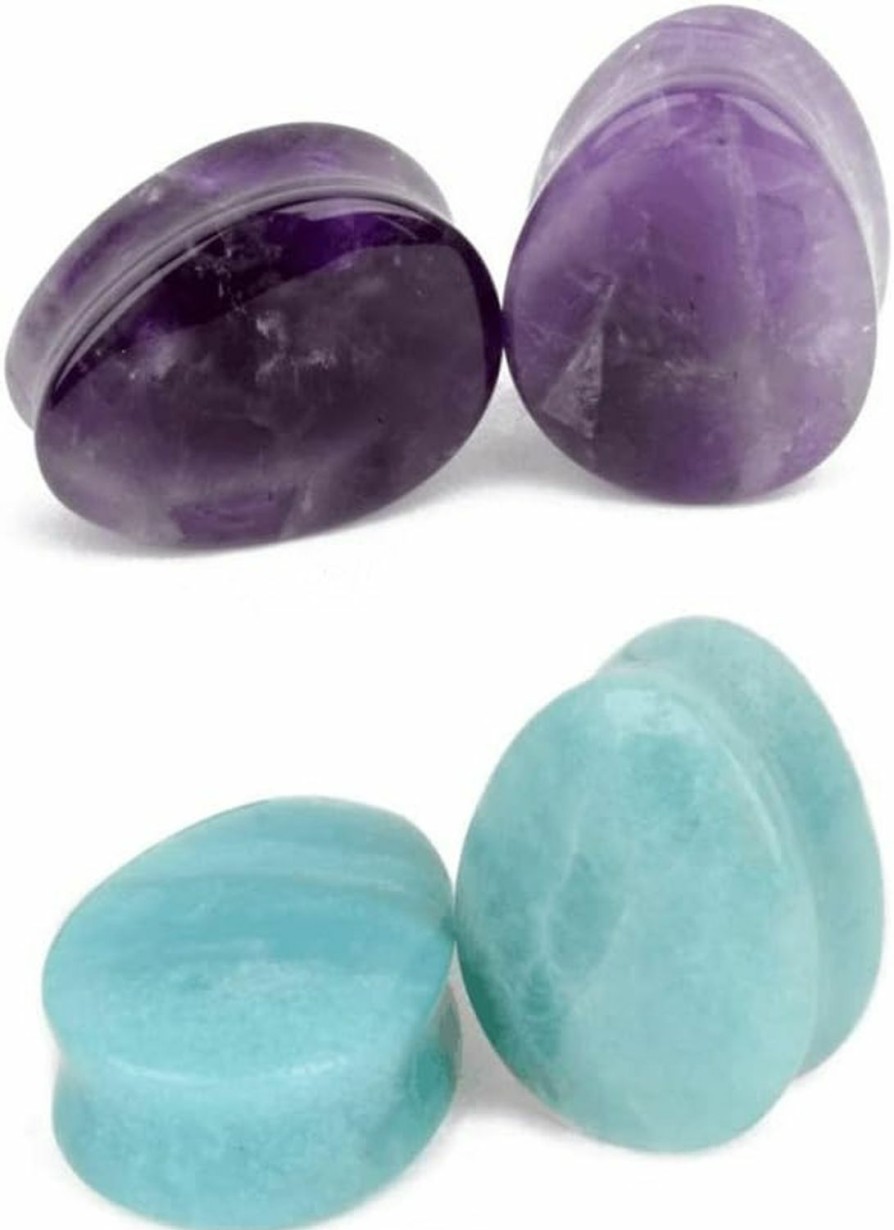 NewZenro Newzenro Amethyst Amazonite Ear Plugs Tunnels Organic Natural Stone Stretcher Expander Gauges Earrings Teardrop Double Flared Body Piercing Jewelry Set Body Piercing Plugs