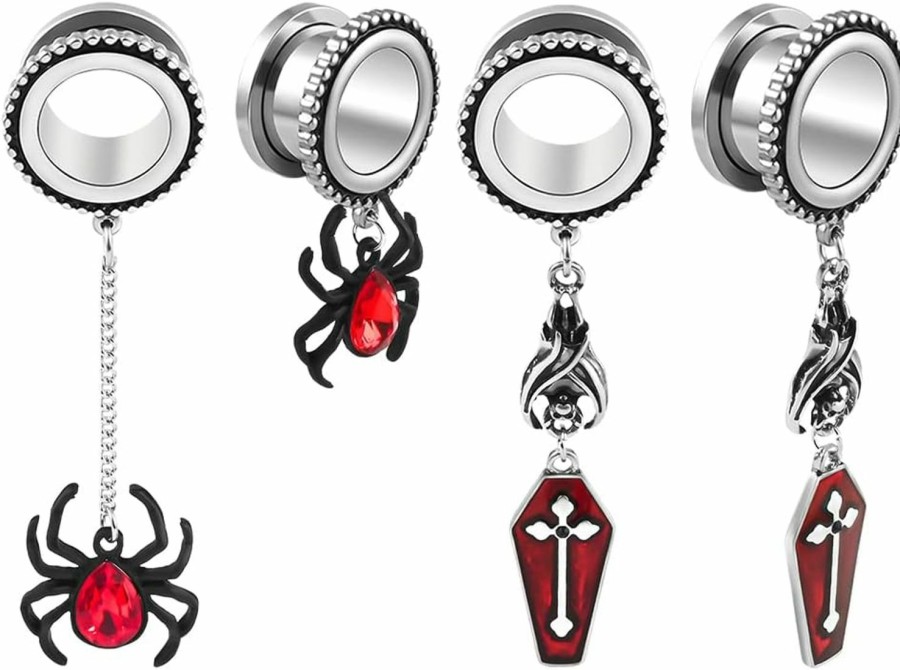 Vankula Vankula 2Pairs Set Cool Spider Shield Pendant Hypoallergenic Stainless Steel Plugs Ear Gauges Tunnels Piercing Expander Stretchers Fashion Body Jewelry Body Piercing Plugs