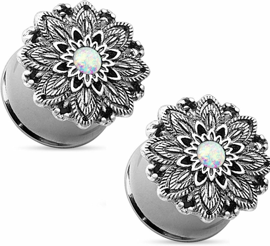 Pierced Owl Pierced Owl - Antique Silver Plated Stainless Steel Opal Centered Lotus Flower Top Double Flared Plug Gauges, Sold As A Pair Body Piercing Plugs