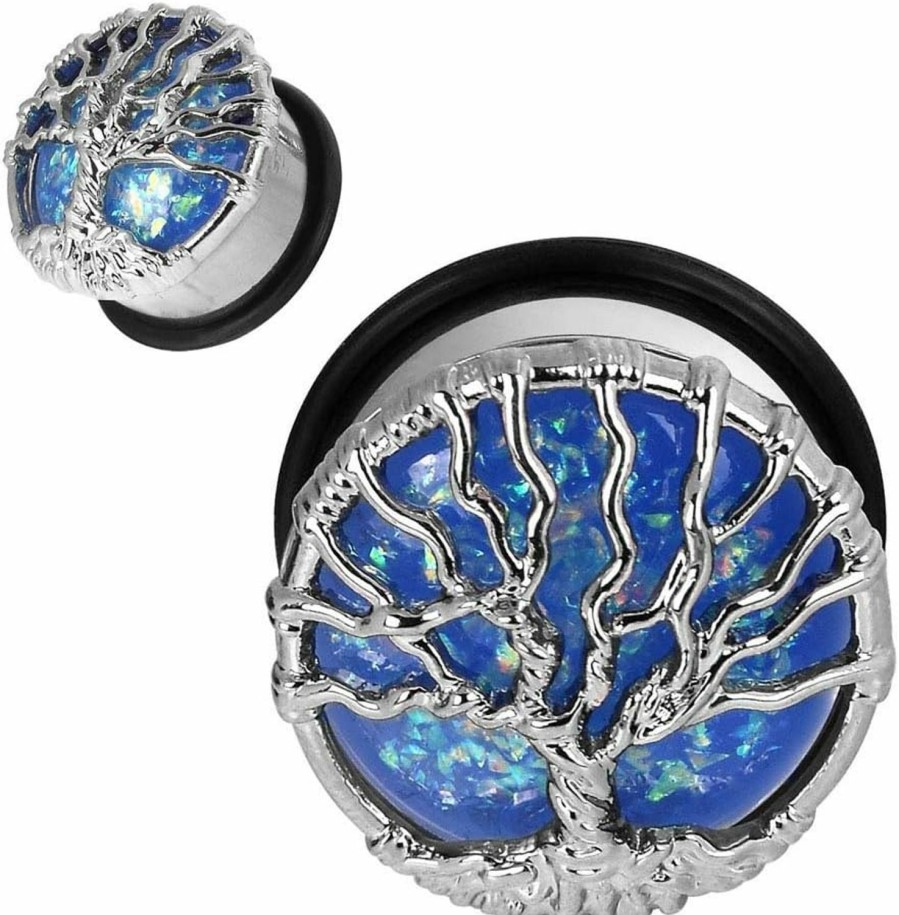 Longbeauty Longbeauty 1Pair Stainless Steel Opal Tree Single Flare With O-Ring Ear Tunnels Expander Plugs Stretcher Gauge 00G-1\" Body Piercing Plugs