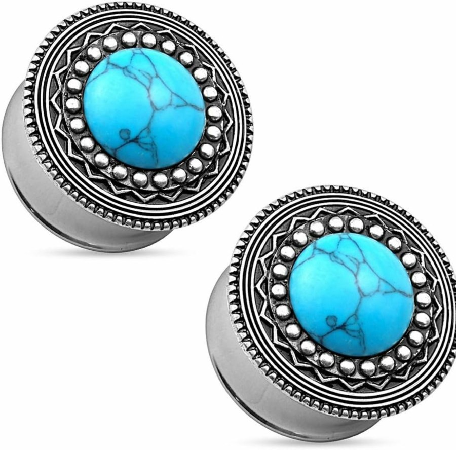 Dynamique Pair Of Turquoise Center Antique Silver Plated Tribal Shield Ear Plugs Body Piercing Plugs