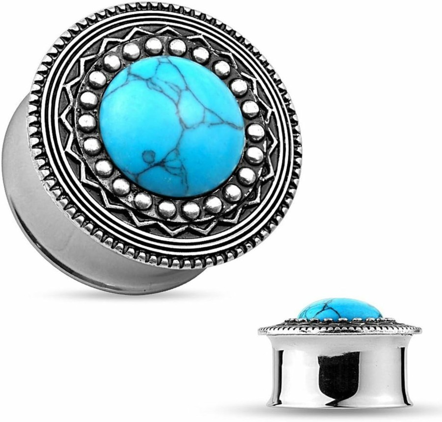 Dynamique Pair Of Turquoise Center Antique Silver Plated Tribal Shield Ear Plugs Body Piercing Plugs