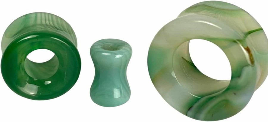 Mystic Metals Body Jewelry Pair Of Green Line Agate Stone Concave Double Flared Tunnels (Stn-746) Body Piercing Plugs