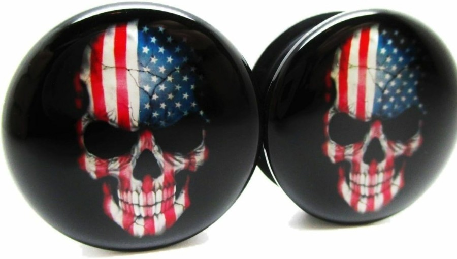 Pierced Republic American Skull Ear Plugs - Acrylic - Screw On Pair - 12 Sizes - Usa Body Piercing Plugs