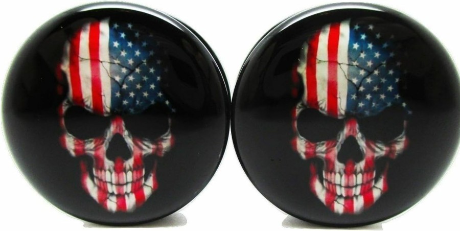 Pierced Republic American Skull Ear Plugs - Acrylic - Screw On Pair - 12 Sizes - Usa Body Piercing Plugs