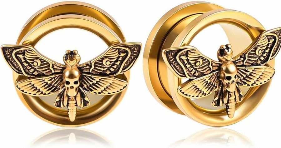 DOEARKO Doearko 2Pcs 316L Stainless Steel Ear Gauges Plugs Death Moth Double Flared Tunnels Plugs Stretcher Ear Piercing Jewelry Body Piercing Plugs