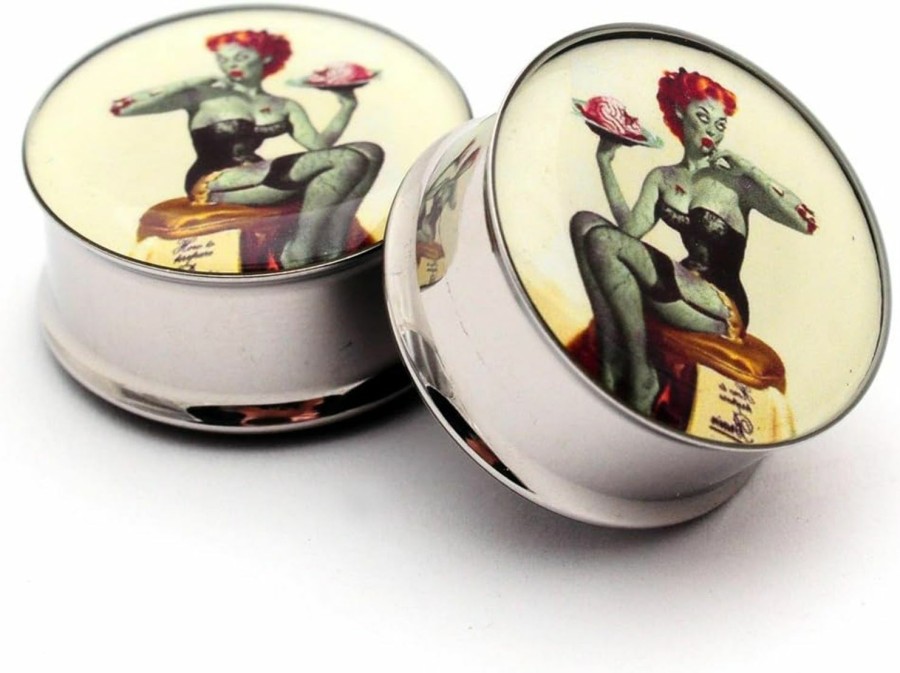 Mystic Metals Body Jewelry Mystic Metals Body Jewelry Double Flare Zombie Pinup Picture Plugs - Sold As A Pair Body Piercing Plugs