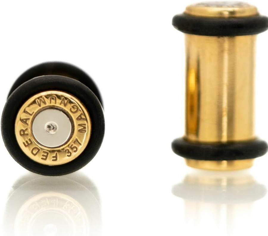 Forbidden Body Jewelry Forbidden Body Jewelry Ear Gauges, Gold Tone Surgical Steel .357 Magnum Bullet Plugs With O-Rings, Gauges For Ears, 2G-1 Inch Ear Tunnels, Earrings For Men And Women, Sold As Pair Body Piercing Plugs