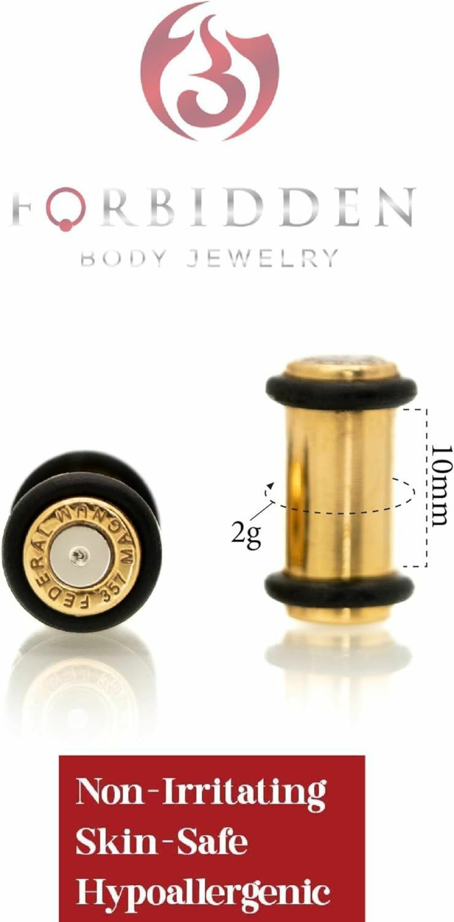 Forbidden Body Jewelry Forbidden Body Jewelry Ear Gauges, Gold Tone Surgical Steel .357 Magnum Bullet Plugs With O-Rings, Gauges For Ears, 2G-1 Inch Ear Tunnels, Earrings For Men And Women, Sold As Pair Body Piercing Plugs