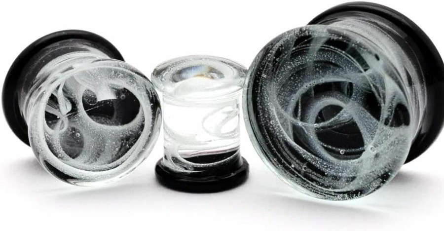 Mystic Metals Body Jewelry Mystic Metals Body Jewelry Pair Of Glass Plugs With White Swirls (Pg-502) - Sold As A Pair Body Piercing Plugs