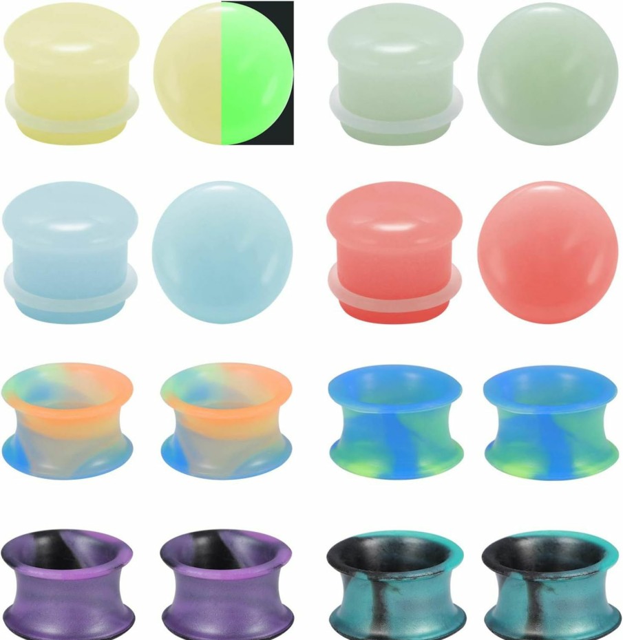 ZS Zs 8 Pairs Ear Gauges, 00 Gauges Stone Ear Plugs Glow In Dark, Soft Silicone Flexible Ear Tunnels Gauges For Ear, 4G-11/16 Mixed Color Set Body Piercing Plugs