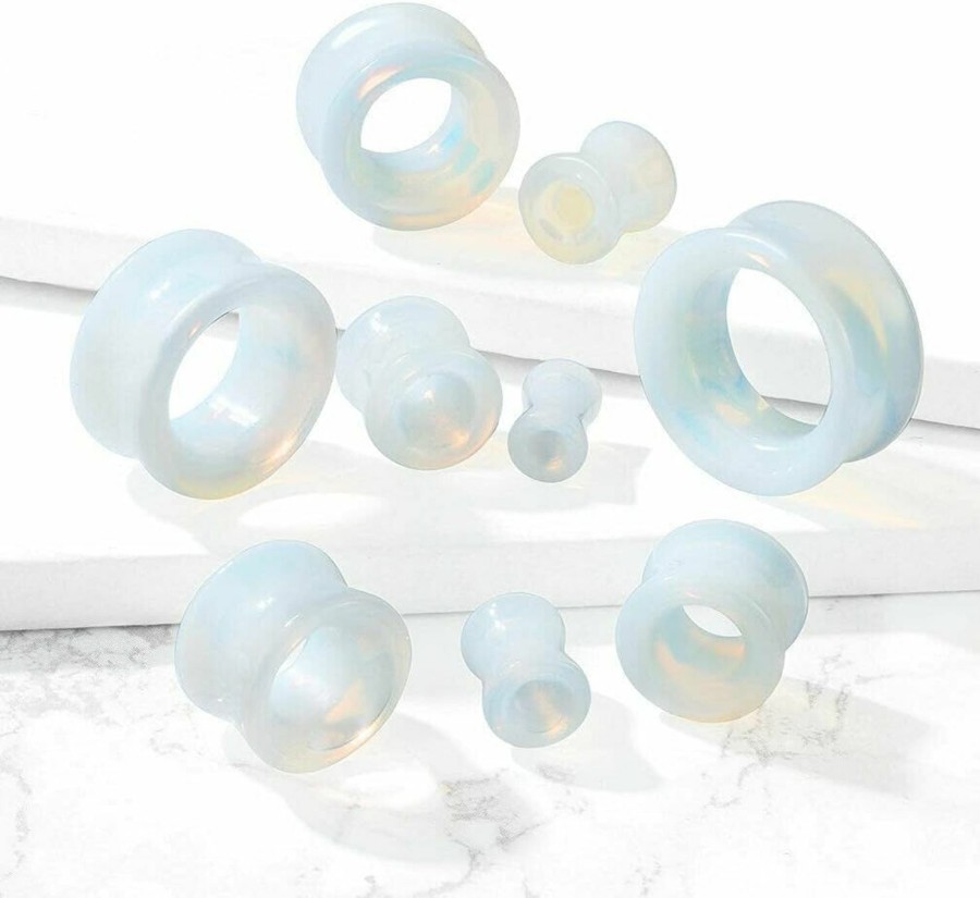 blue palm jewelry Blue Palm Jewelry Pair Of Double Flare Hollow Tunnel Opalite Saddle Ear Plugs E585 Body Piercing Plugs