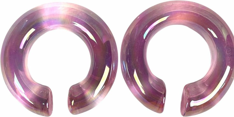 Mystic Metals Body Jewelry Mystic Metals Body Jewelry Pair Of Iridescent Pink Oil Slick Glass Hoops (Pg-581) Body Piercing Plugs