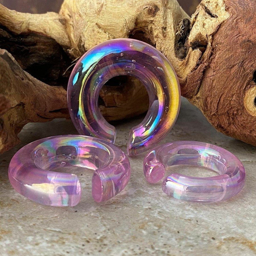 Mystic Metals Body Jewelry Mystic Metals Body Jewelry Pair Of Iridescent Pink Oil Slick Glass Hoops (Pg-581) Body Piercing Plugs