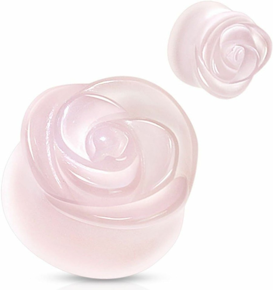 Dynamique Dynamique Rose Design Carved On Rose Quartz Double Flared Plugs Body Piercing Plugs