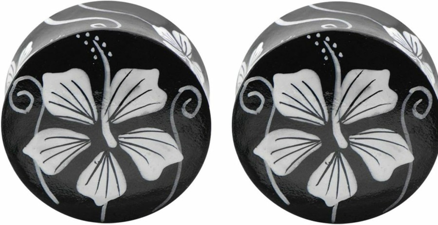 Zaya Body Jewelry Zaya Body Jewelry Pair 3/4\" 19Mm Black Hand Painted Flower Wood Organic Ear Plugs Gauges Body Piercing Plugs