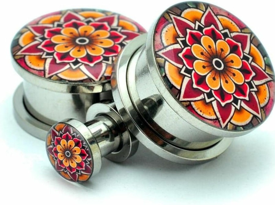 Mystic Metals Body Jewelry Mystic Metals Body Jewelry Screw On Flower Mandala Style 2 Picture Plugs - Sold As A Pair Body Piercing Plugs