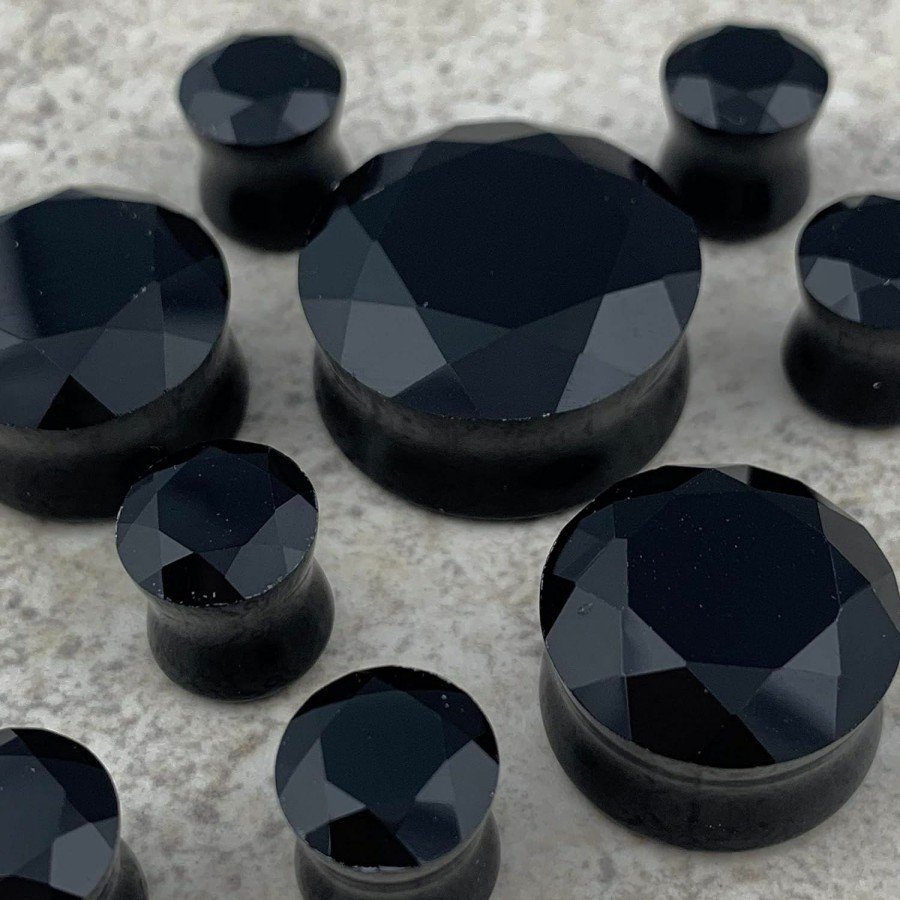 Mystic Metals Body Jewelry Mystic Metals Body Jewelry Pair Of Black Faceted Double Flare Glass Plugs (Pg-556) Body Piercing Plugs