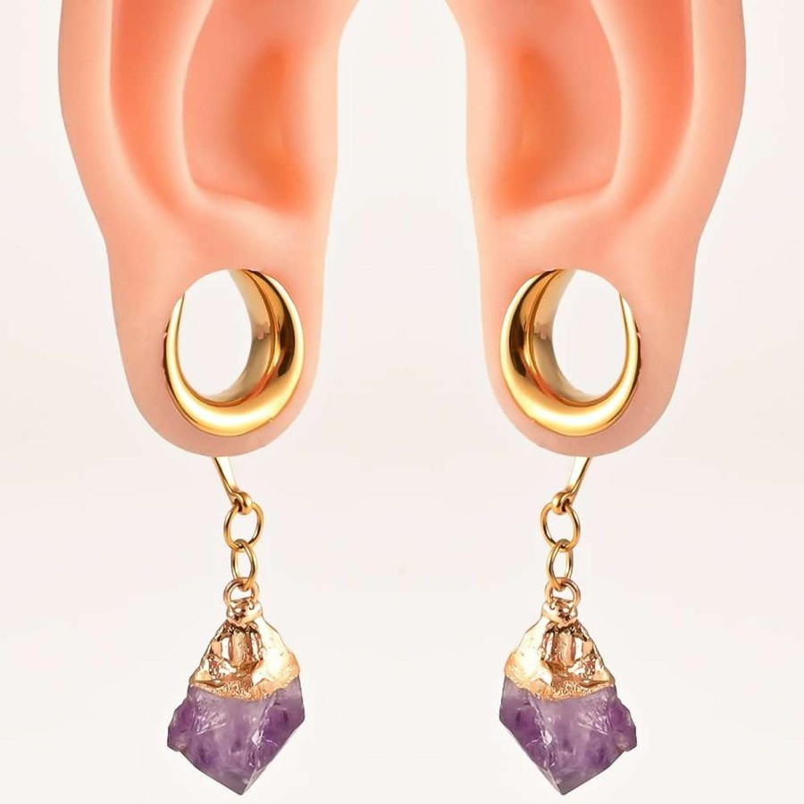 DOEARKO Doearko 2 Pcs Fashion Amethyst Nature Stone Dangle Saddle Ear Gauges Plugs Hypoallergenic 316 Stainless Steel Ear Tunnels Piercing Body Jewelry Body Piercing Plugs