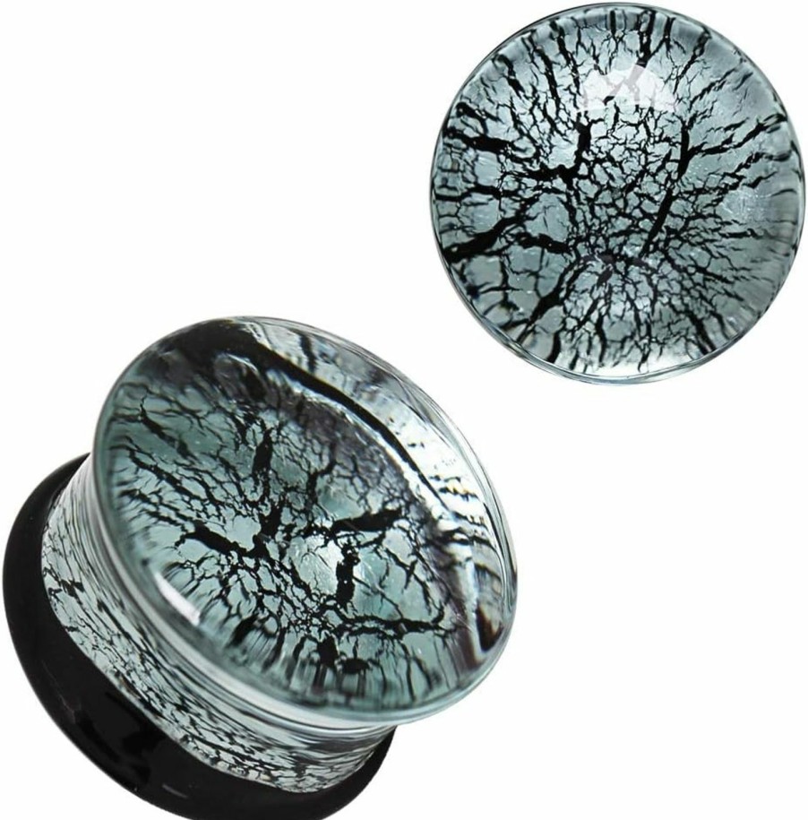 Pierced Owl Pierced Owl - Glass Silver And Black Cracked Web Design Double Flared Ear Plug Gauges, Sold As Pair Body Piercing Plugs