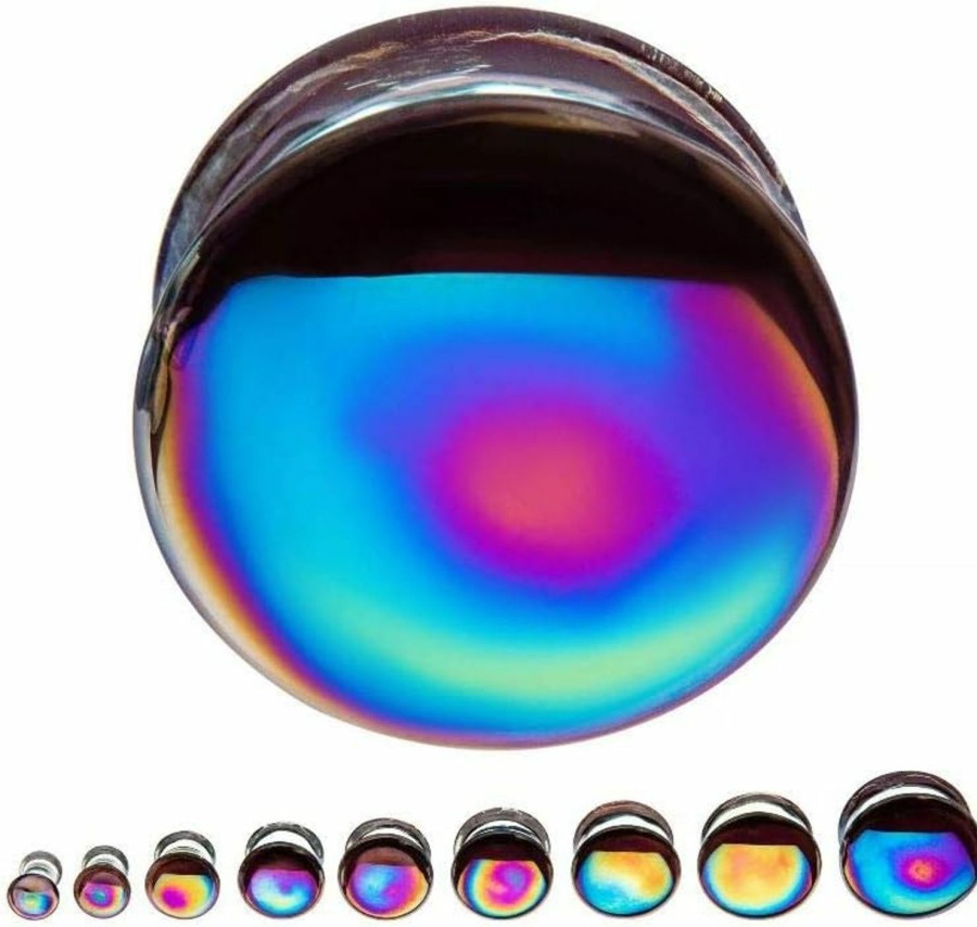 Pierced Owl Pierced Owl - Front Facing Metallic Rainbow Oil Slick Glass Saddle Plugs, Sold As A Pair Body Piercing Plugs