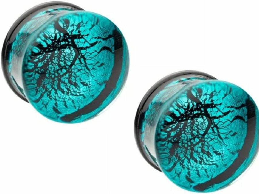 Pierced Owl Pierced Owl Turquoise Blue Cracked Web Design Glass Double Flared Plugs, Sold As Pair Body Piercing Plugs