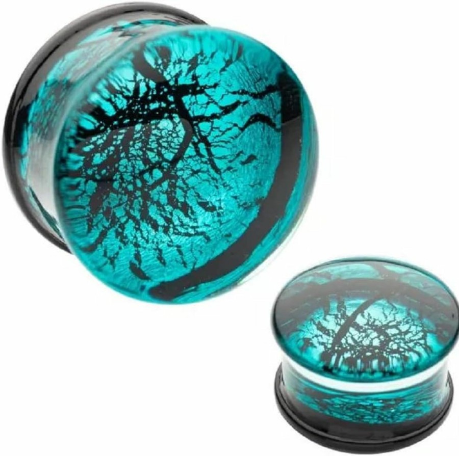 Pierced Owl Pierced Owl Turquoise Blue Cracked Web Design Glass Double Flared Plugs, Sold As Pair Body Piercing Plugs