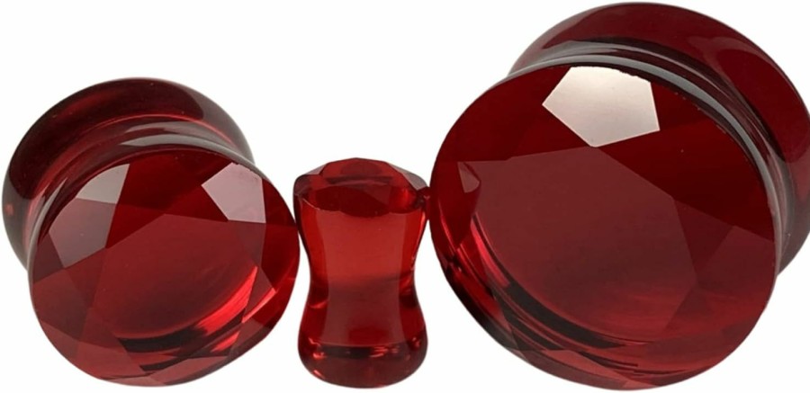 Generic Pair Of Red Faceted Glass Double Flare Plugs (Pg-568) (7/8\" (22Mm)) Body Piercing Plugs