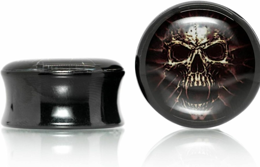 Forbidden Body Jewelry Forbidden Body Jewelry Black Acrylic Ear Plugs With Mummy Skull, Saddle Stretching Ear Tunnels, Gauges Sold As Pair, 00G-1Inch Body Piercing Plugs