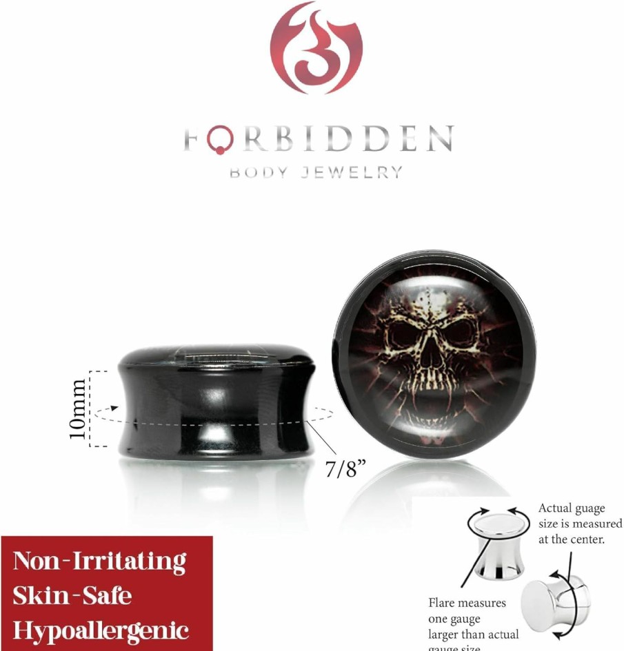 Forbidden Body Jewelry Forbidden Body Jewelry Black Acrylic Ear Plugs With Mummy Skull, Saddle Stretching Ear Tunnels, Gauges Sold As Pair, 00G-1Inch Body Piercing Plugs